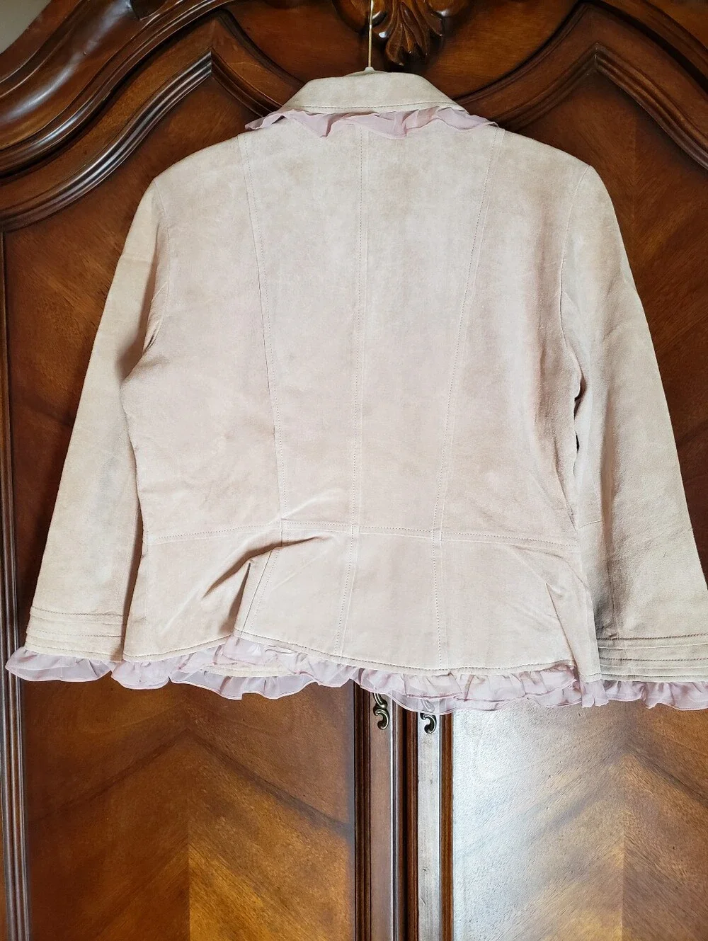 Margaret Godfrey Vintage Pink Suede  Leather Ruffle Trim Blazer Jacket Sz 12